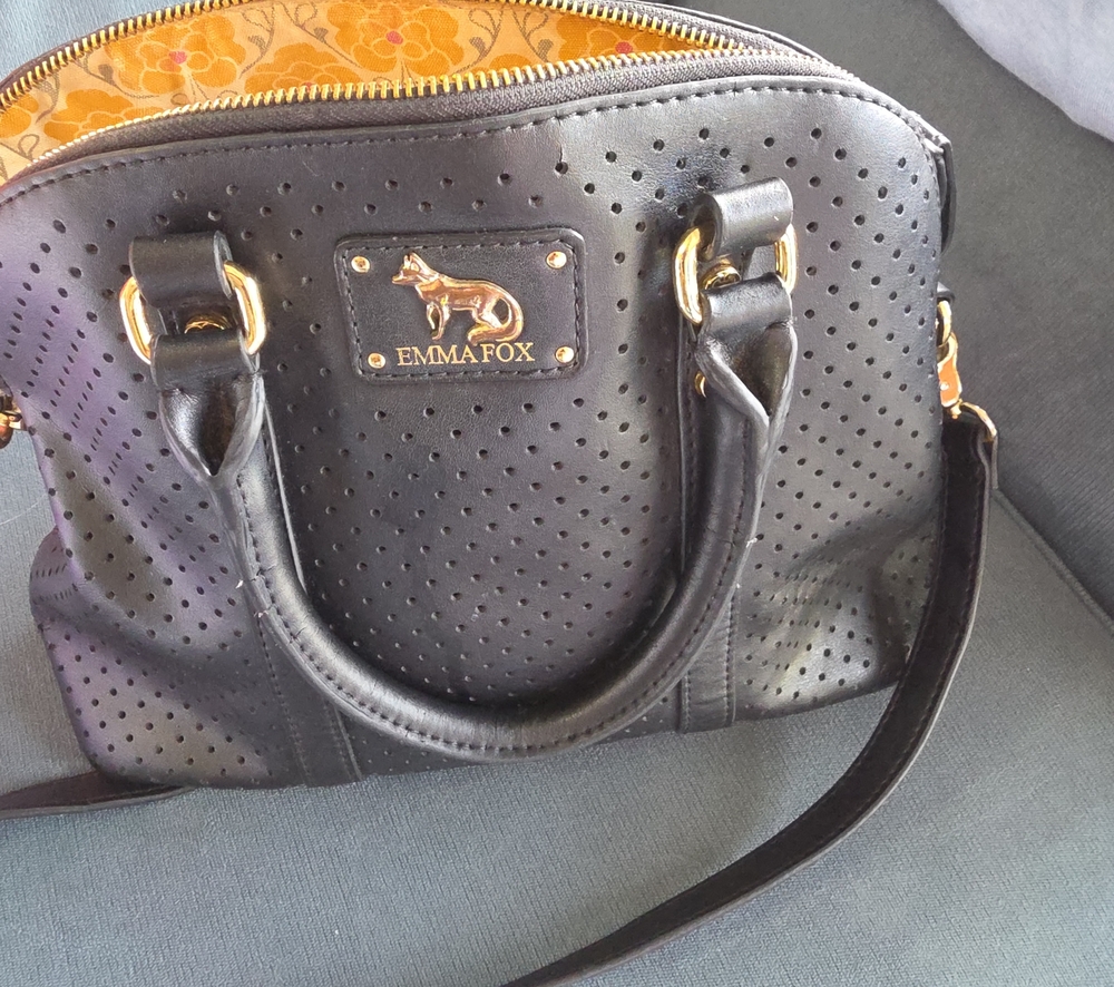 Black Perforated Satchel  By Emma Fox with Gold Hardware